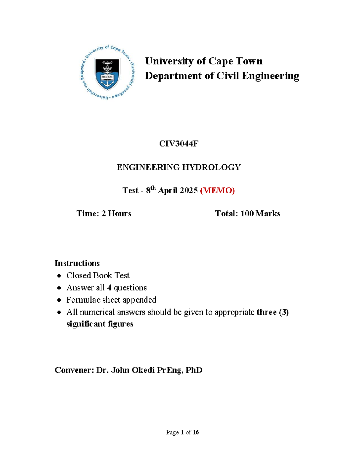 CIV3044F Engineering Hydrology Test Memo - 8th April 2025 - Studocu