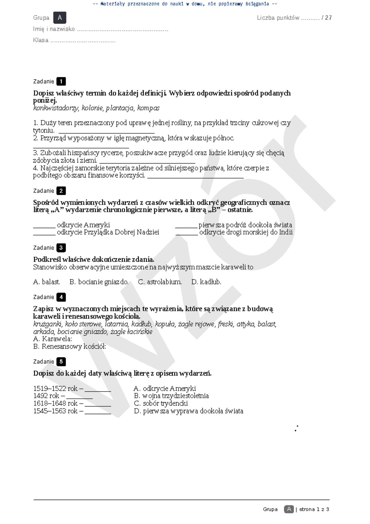 Test Z Historii Klasa 6 Wczoraj I Dziś Rozdział 1