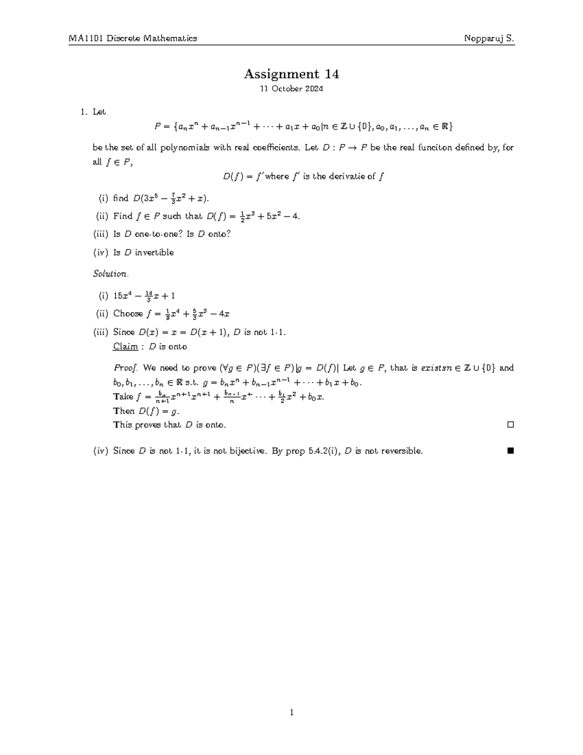 MA1101 Discrete Mathematics Assignment 14 Solutions and Analysis - Studocu