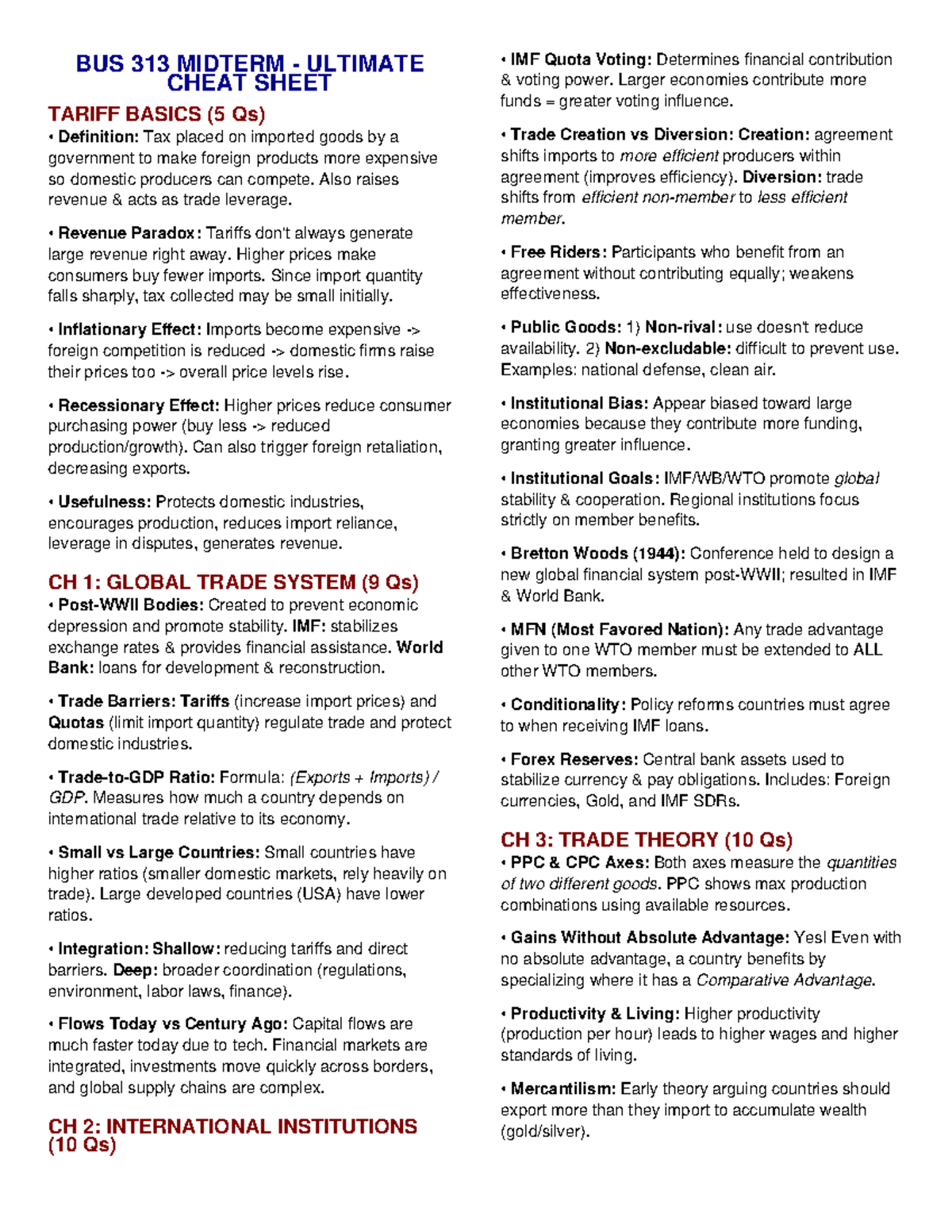 BUS 313 MIDTERM ULTIMATE CHEAT SHEET: TARIFFS & TRADE THEORY - Studocu