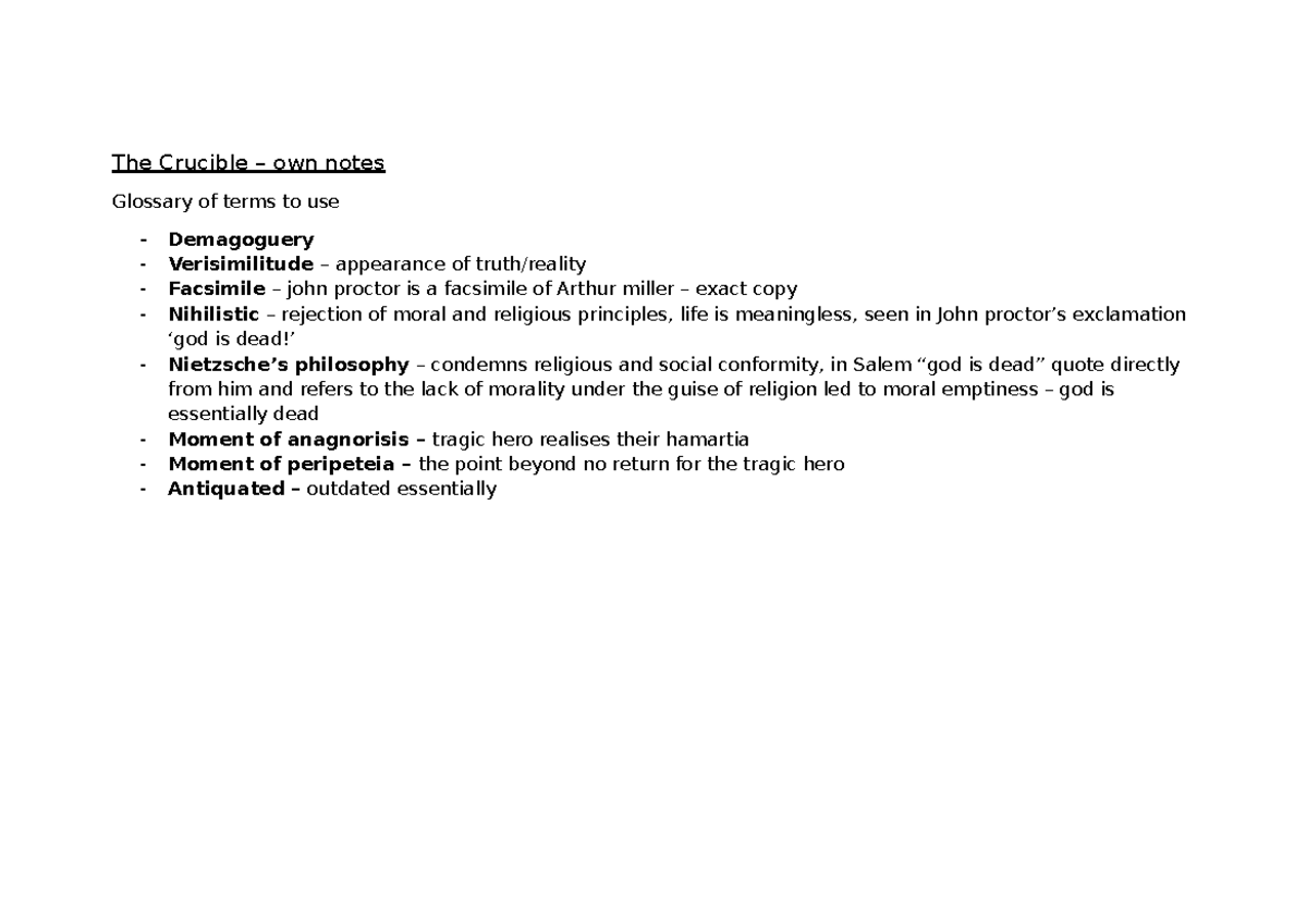 The Crucible (ENG 101) Final Exam Study Notes and Glossary - Studocu