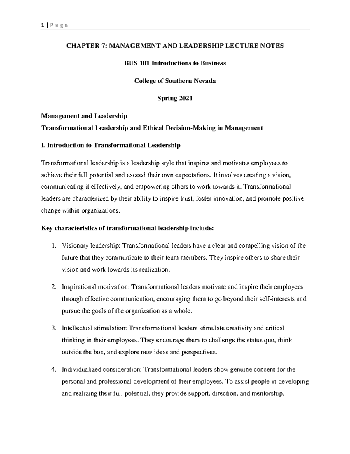 BUS 101 Chapter 7: Leadership, Management, and Team Building Notes ...