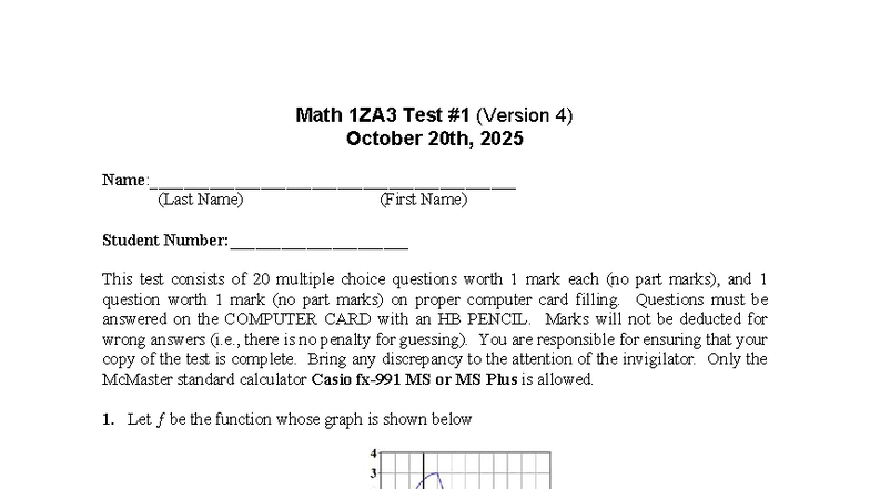 Math 1ZA3 Test #1 (Version 4) - October 20, 2025 - Studocu