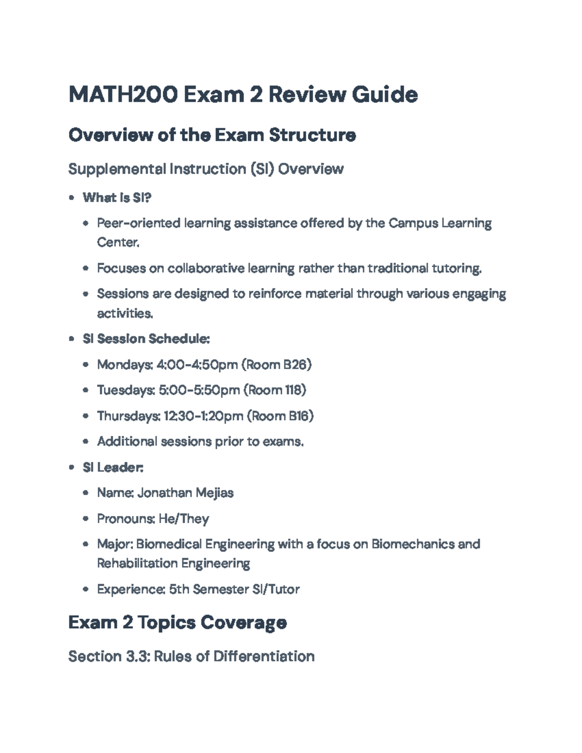 MATH200 Exam 2 Review Guide: Key Concepts and Derivative Rules ...