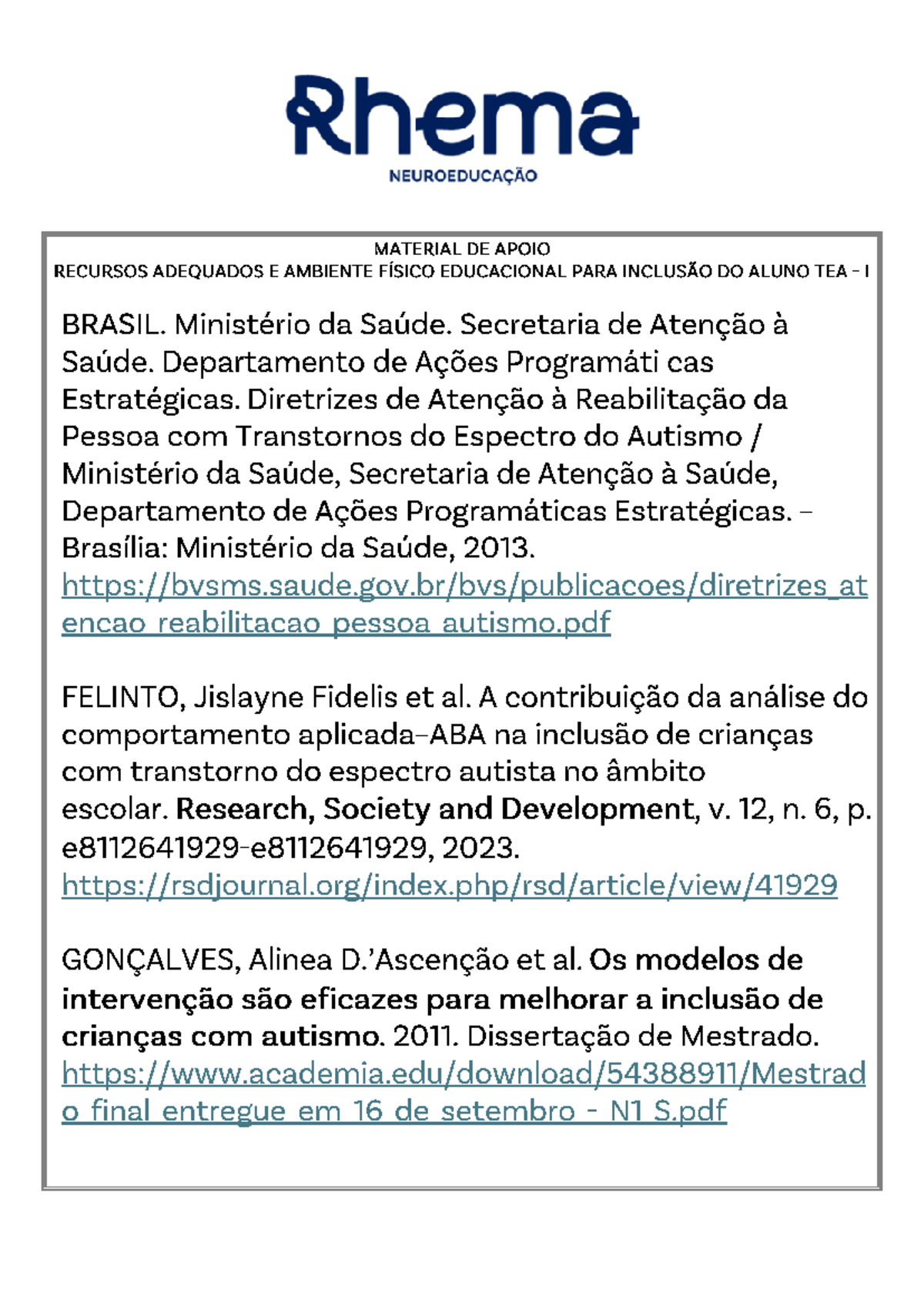 Leitura Complementar - Artigos sobre autismo - Rhema NEUROEDUCAÇÃO ...