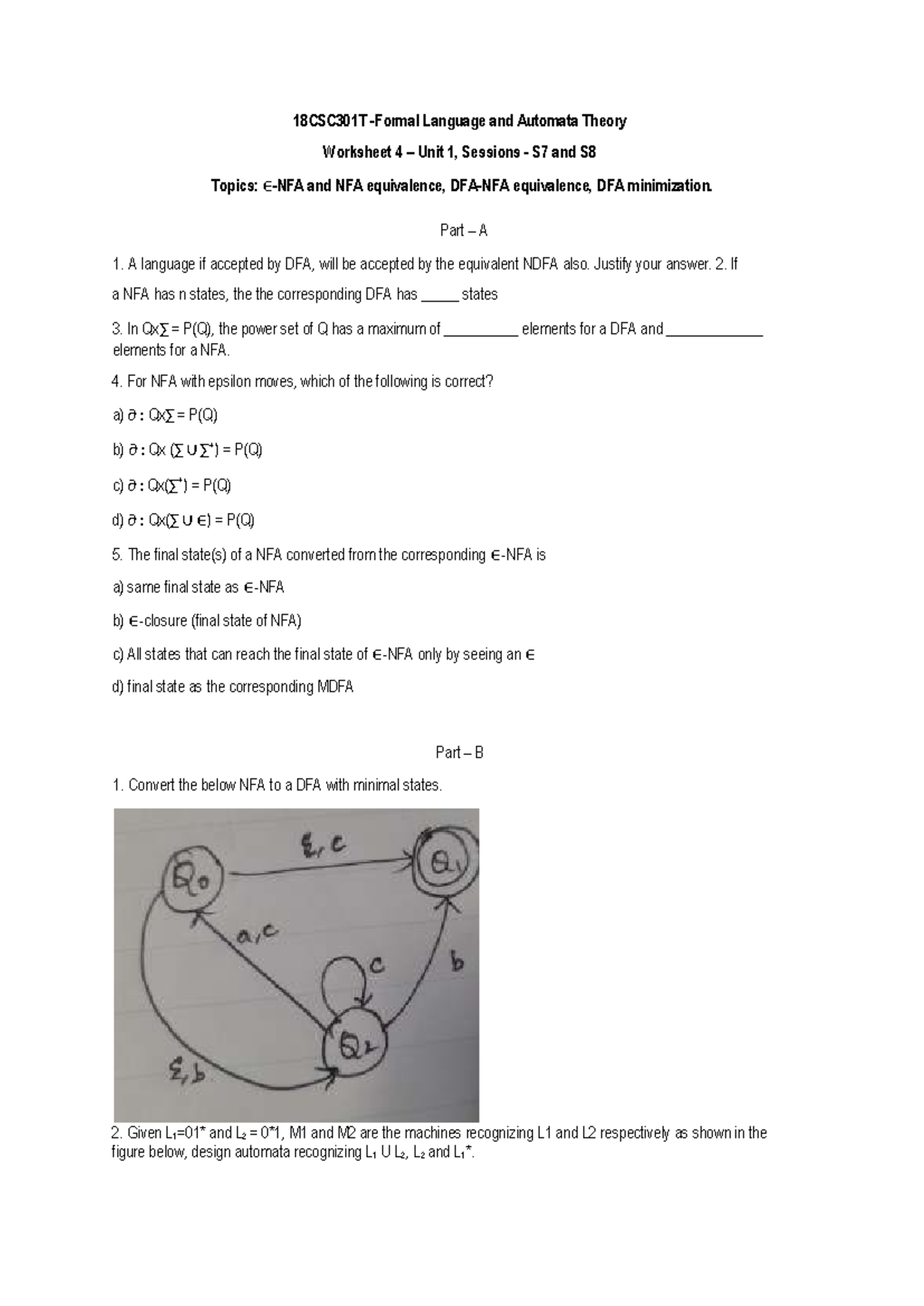18CSC301T Language and Automata Theory Worksheet 4: NFA & DFA Concepts ...