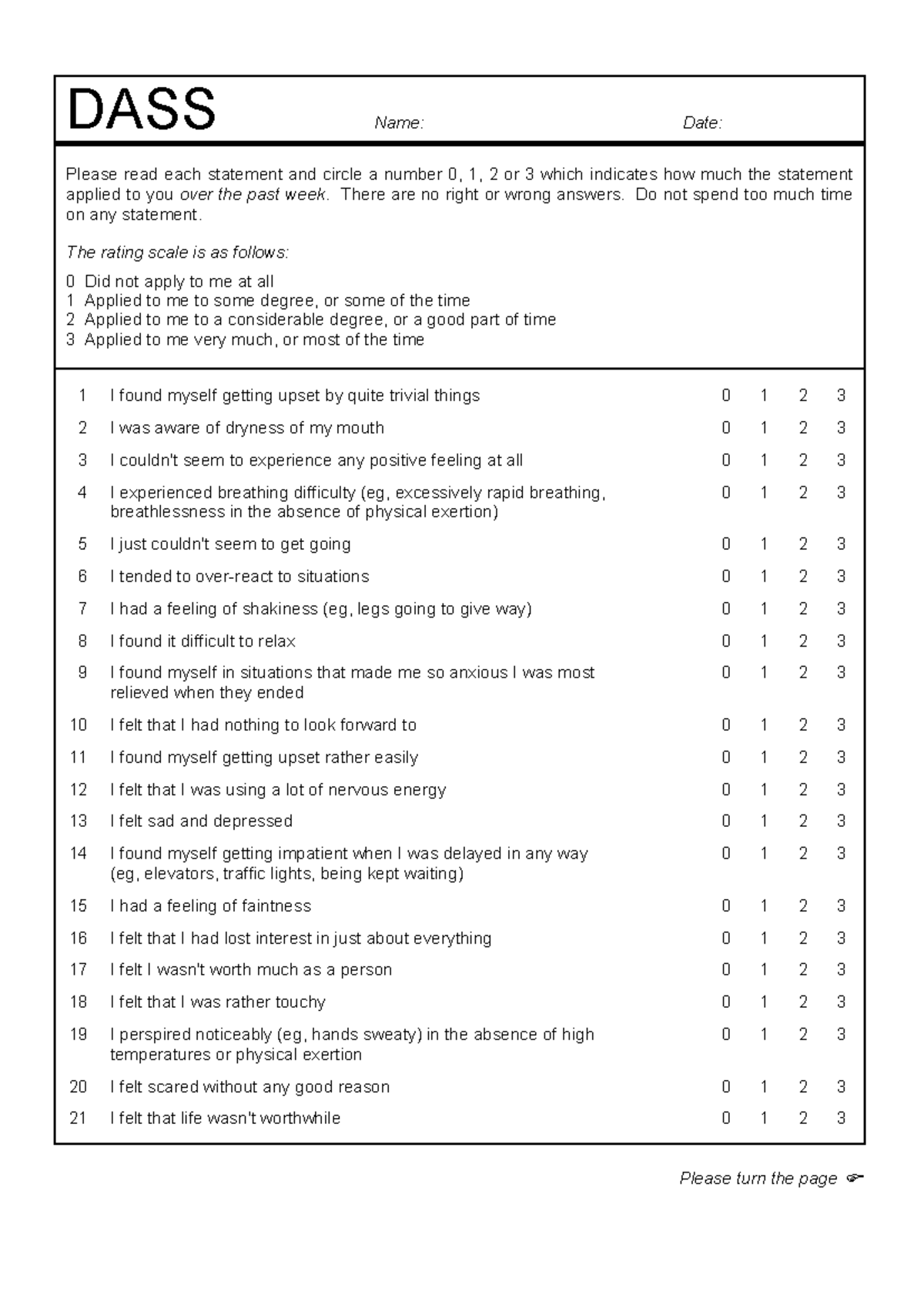 Dass42 - Dass - DASS Name: Date: Please read each statement and circle ...
