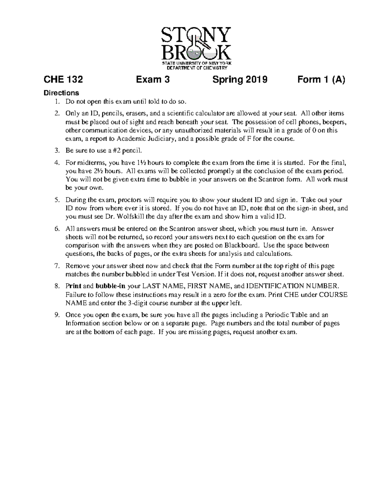 CHE 132 Exam 3 Practice Test Spring 2019 Form A - Studocu