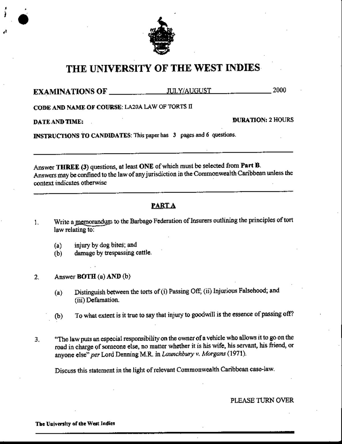 Exam 2017, questions - Law of Torts - Studocu