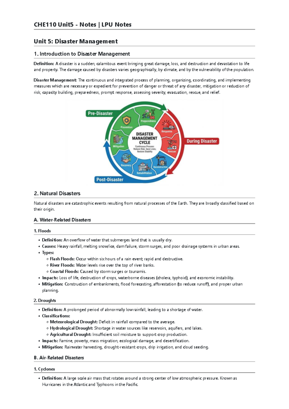 CHE110 Unit 5: Comprehensive Notes on Disaster Management - Studocu
