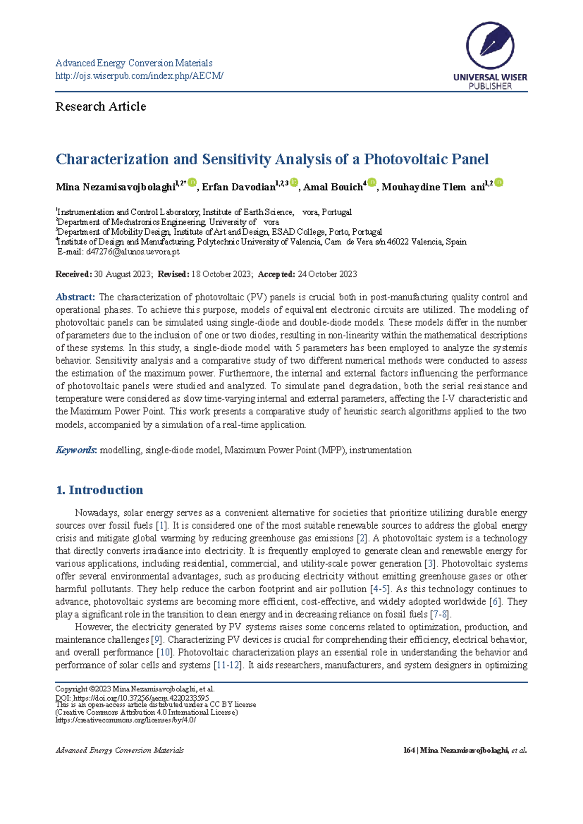 Characterization and sensitivity analysis of photovoltaic panels (ENGR ...