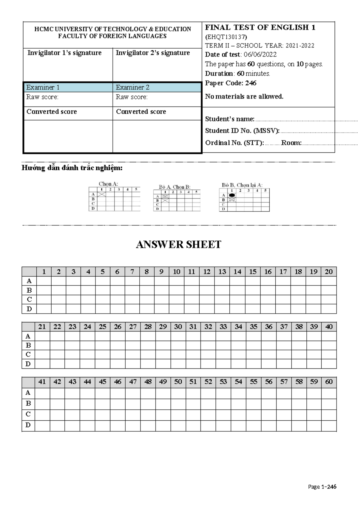 English 1 Final Exam Paper 246 (EHQT130137) - Test Questions & Answers ...