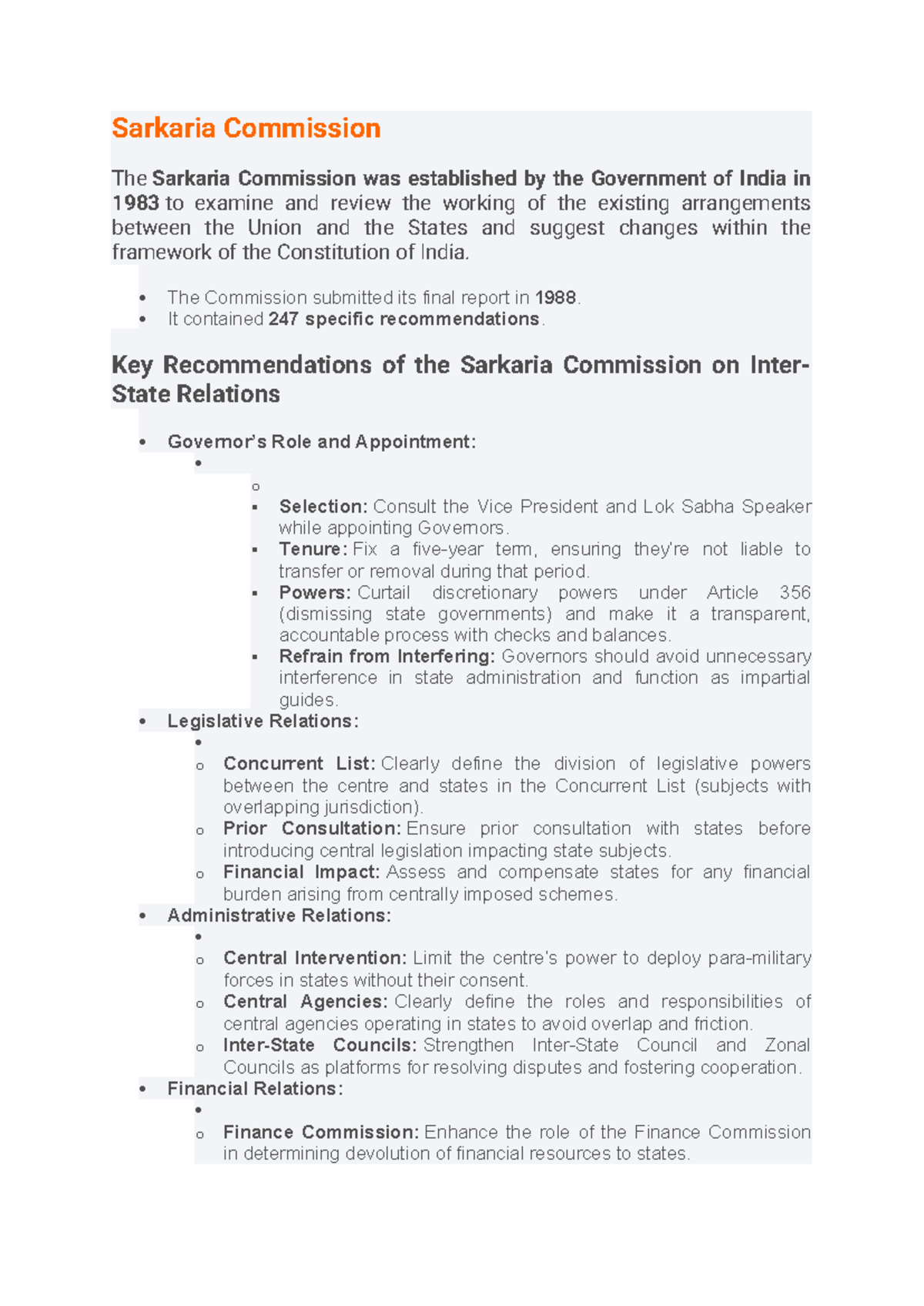 Sarkaria Commission Recommendations on Centre-State Relations - Studocu