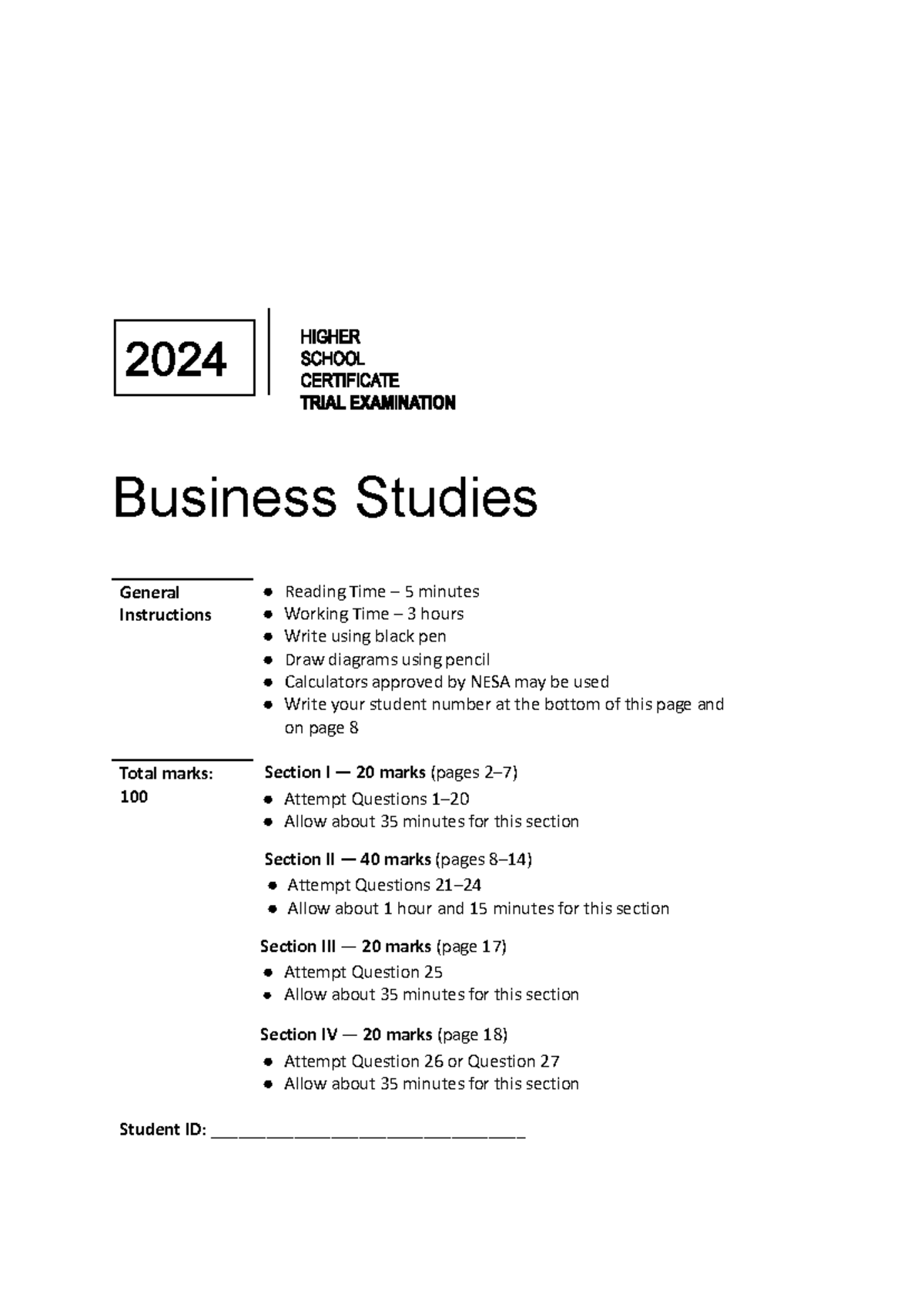 2024 Business Studies HSC Trial Exam Notes and Questions - Studocu
