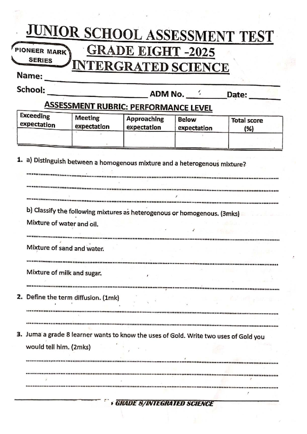 Integrated Science Assessment Test - Grade 8 (JUNIOR SCHOOL) - Studocu