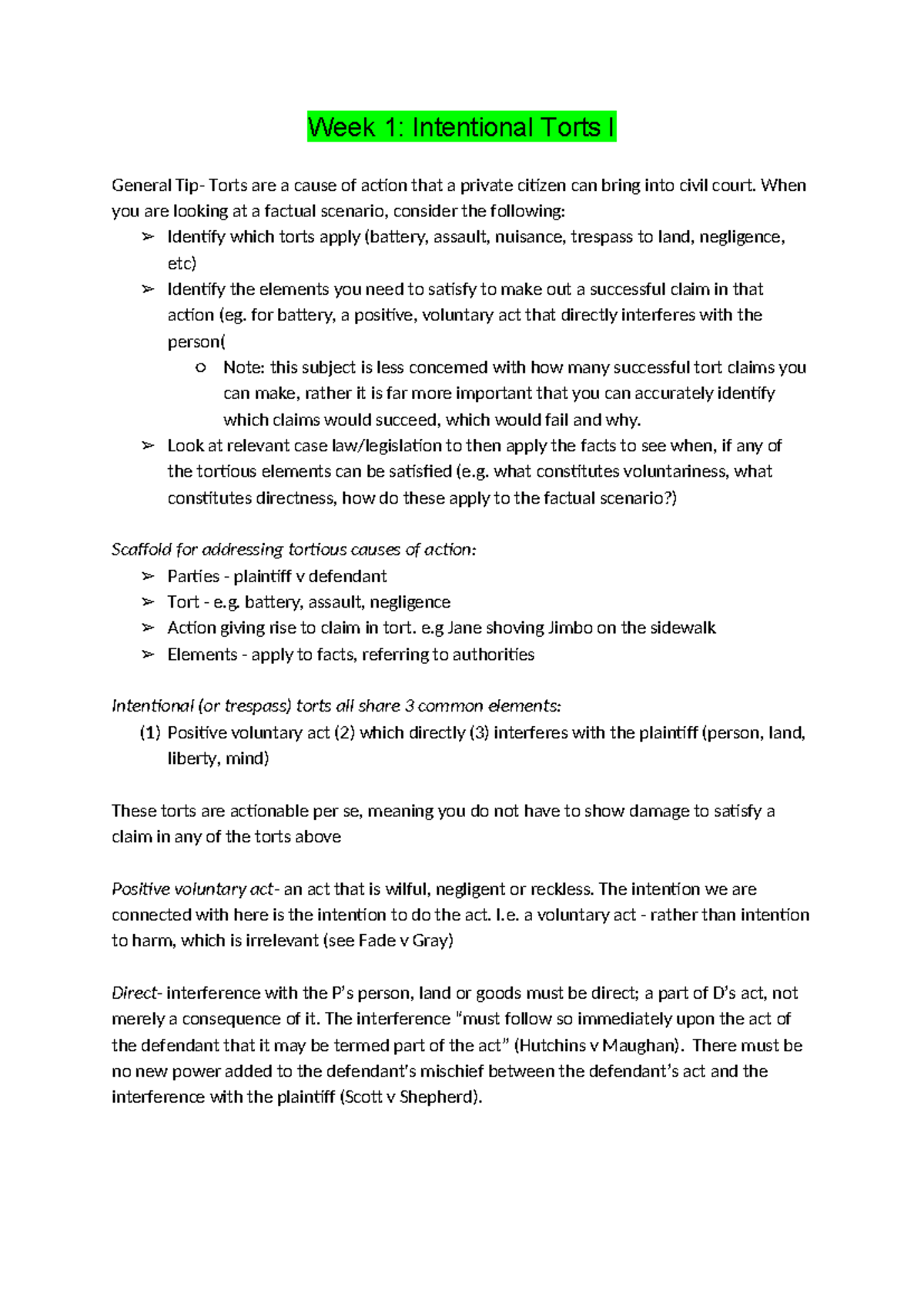 Tort Law 2025: Week 1 & 2 Intentional Torts Exam Notes - Studocu