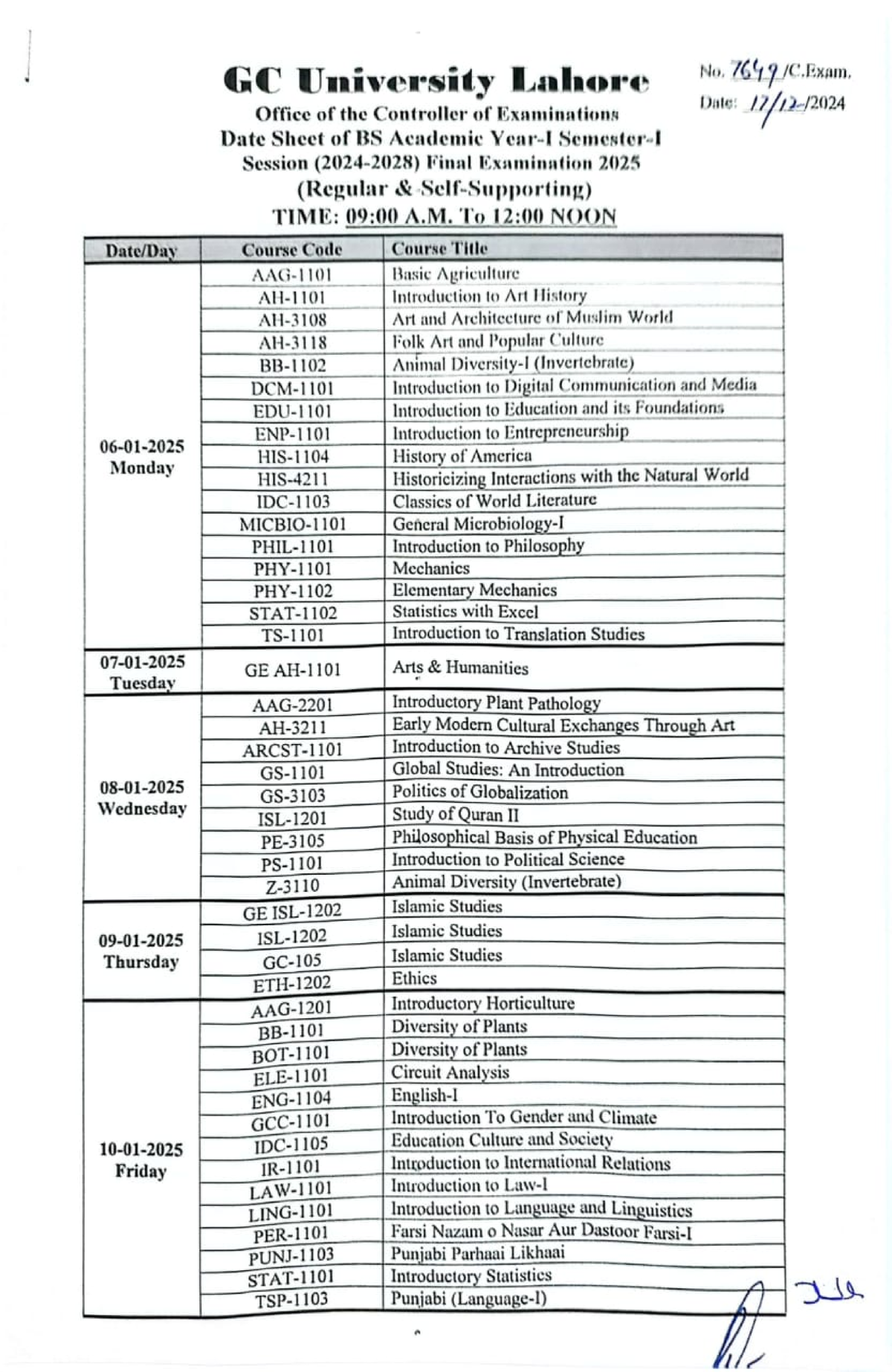 BS YISI Final Exam Date Sheet 2025 - GC University Lahore - Studocu