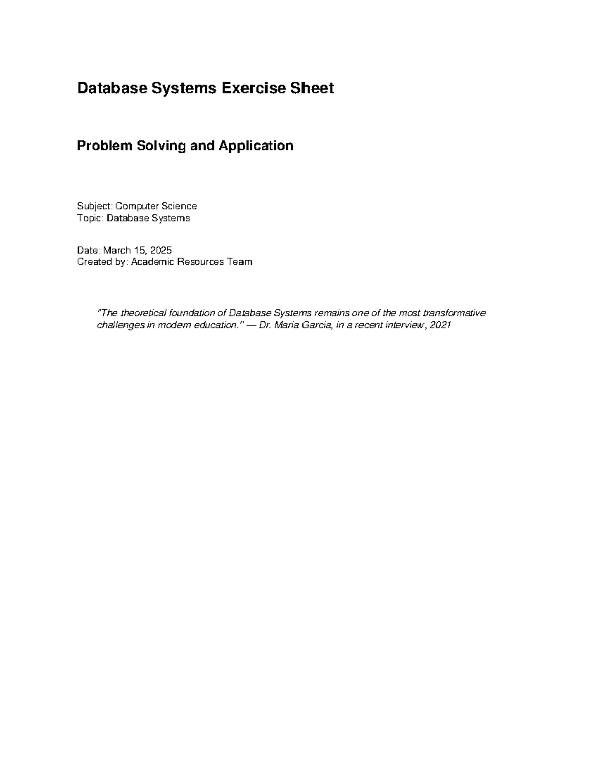 CS 101: Database Systems Exercise Sheet - Problem Solving ...