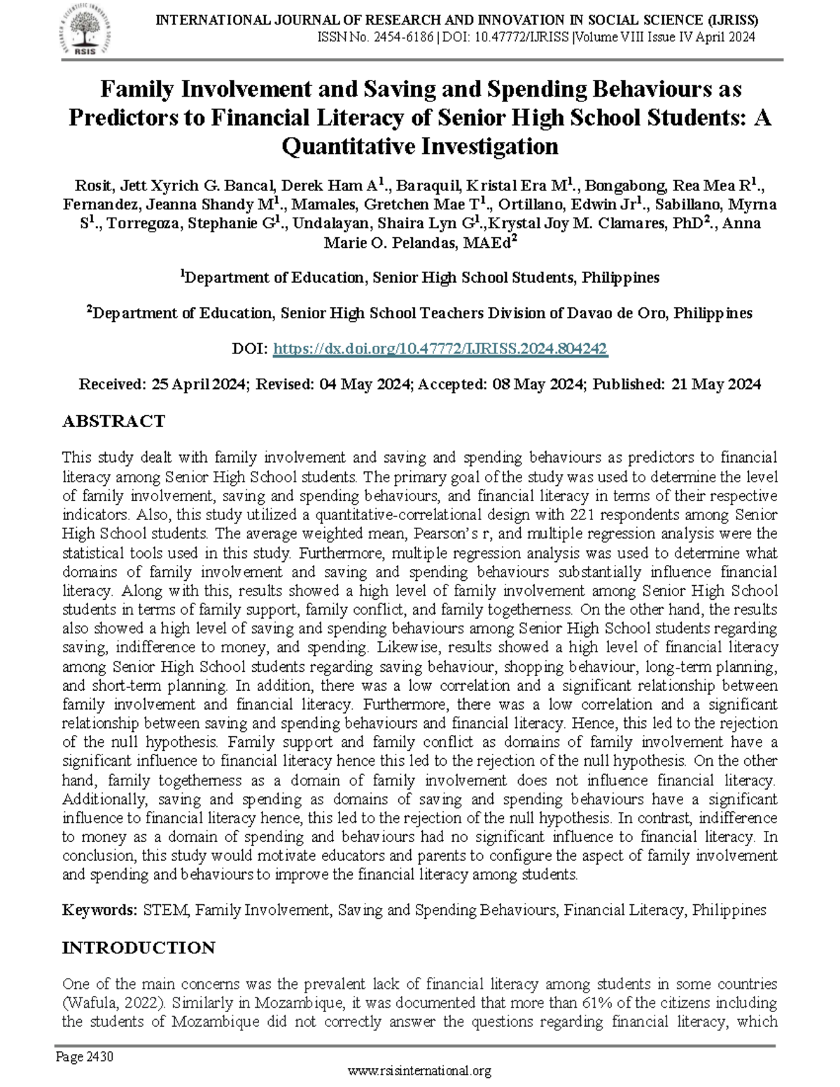 Family Involvement & Financial Literacy: A Study on SHS Students ...