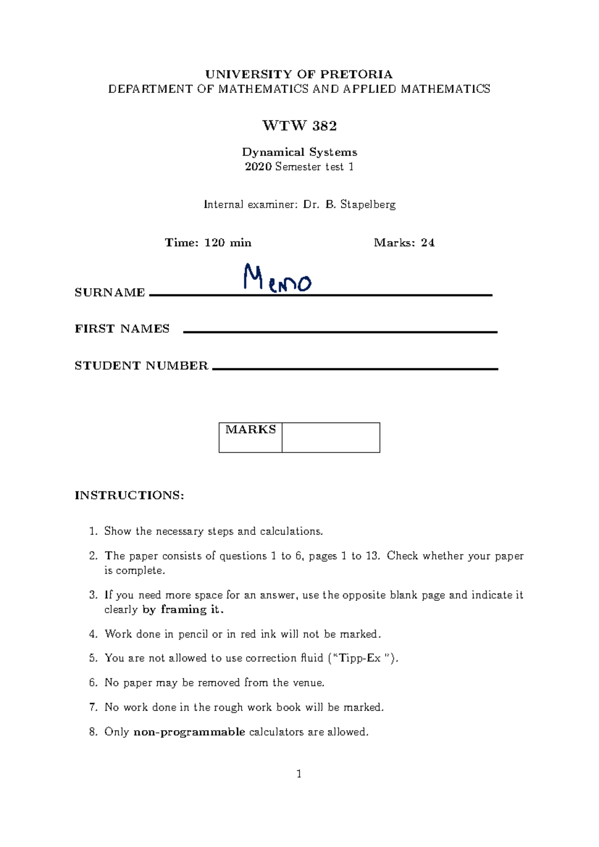 WTW 382 2020 ST1 Semester Test Memo - Dynamical Systems Solutions - Studocu