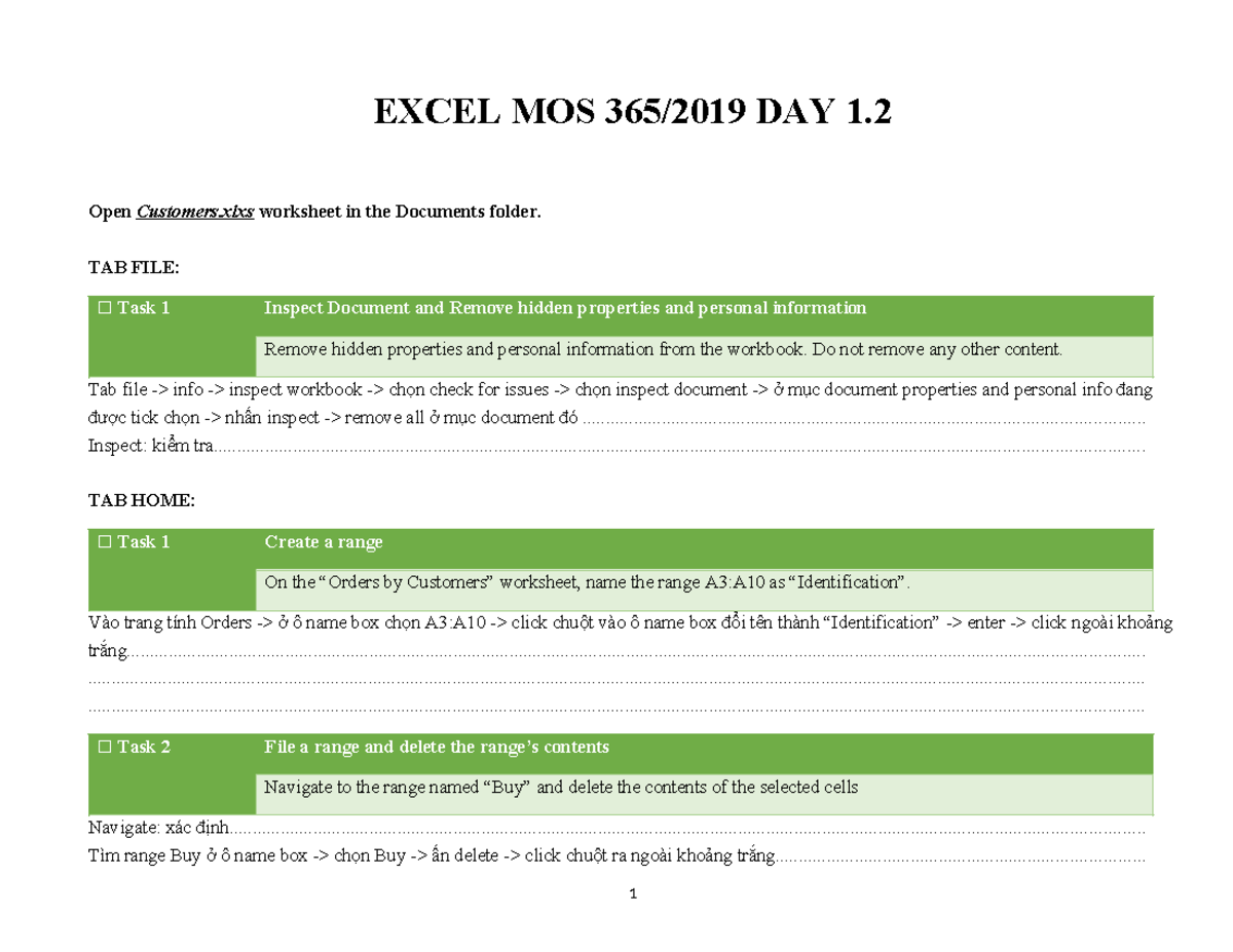 EXCEL MOS 365/2019 DAY 1.2: Workbook Tasks & Formatting Guide - Studocu