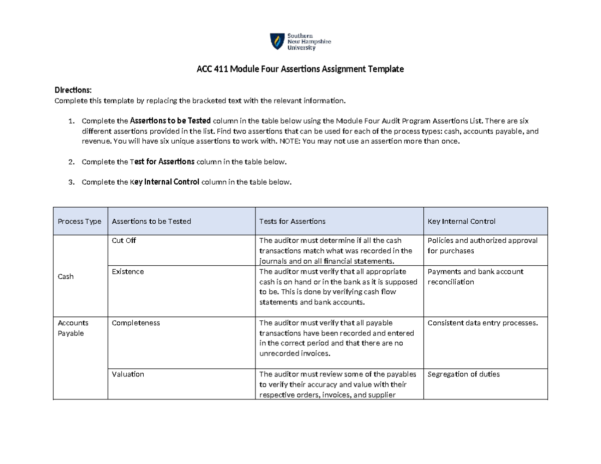 ACC 411 Module Four Assertions Assignment Template - 1. Complete the ...