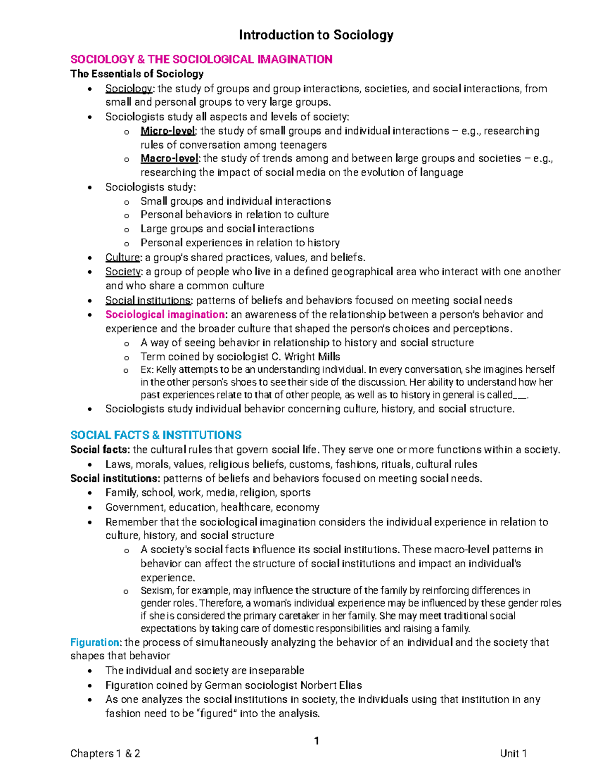 SOC-1305 Unit 1 Notes: Introduction to Sociology - Chapters 1 & 2 ...