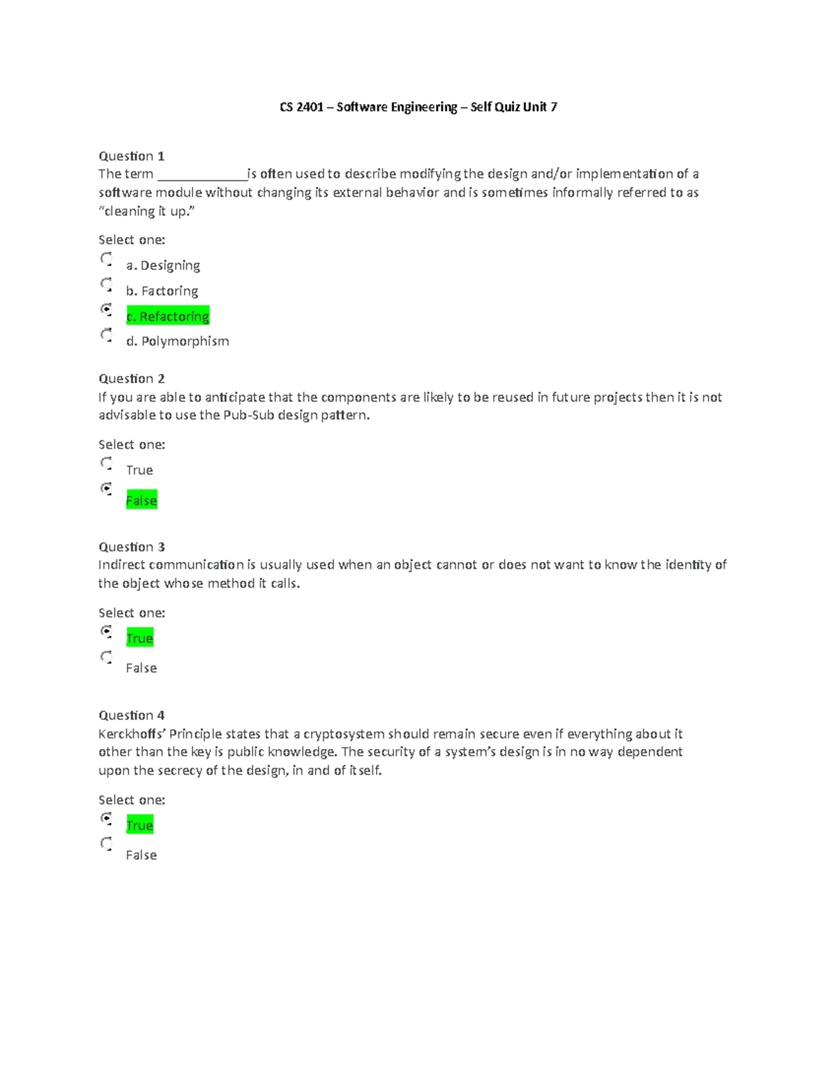 CS 2401 – Software Engineering 1 - Self Quiz Unit 7 - CS 2401 ...