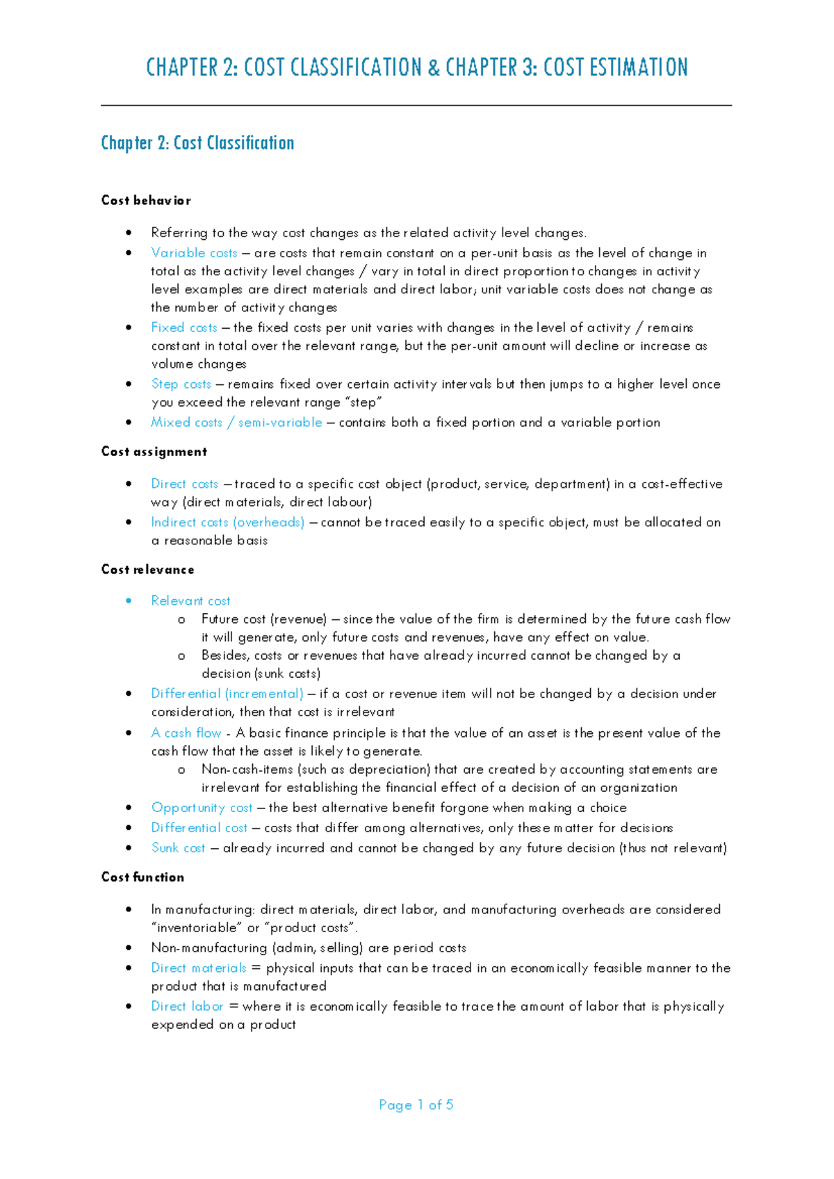 LU 1 - Chapter 2 & 3: Cost Classification and Estimation Overview - Studocu