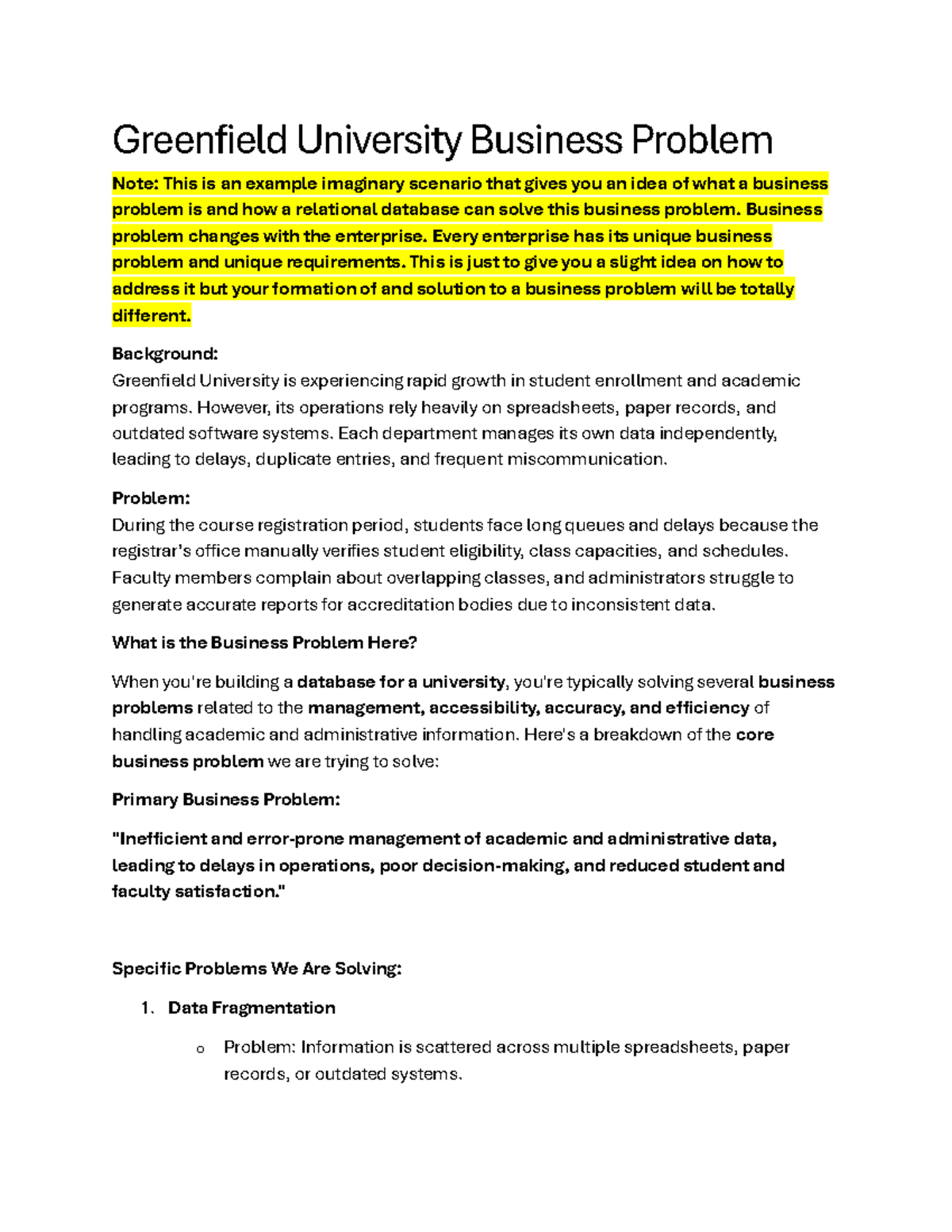 Greenfield University Business Problem Analysis & Database Solutions ...