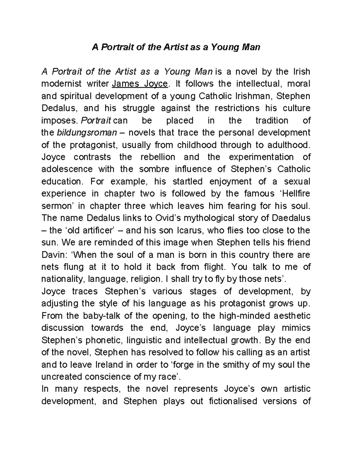 A Portrait of the Artist as a Young Man Stream of Consciousness - A ...