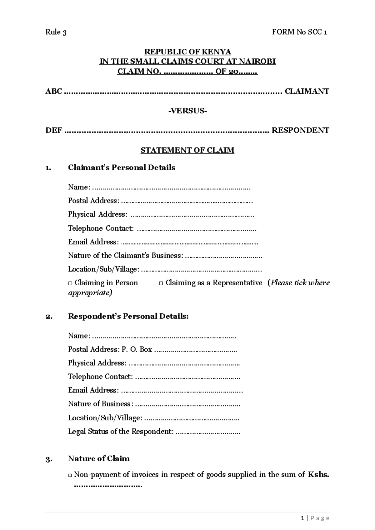 Statement of Claim in Small Claims Court - Case No. SCC 1 - Studocu