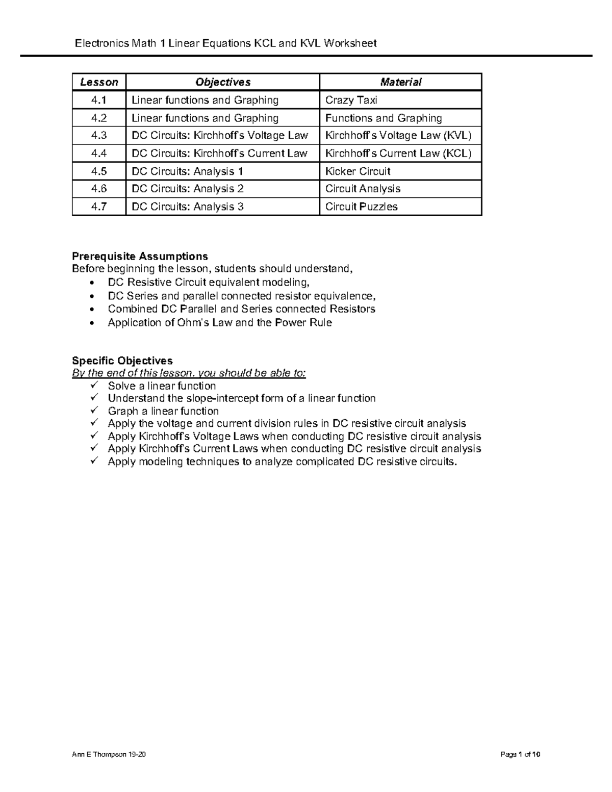4 Electronics Math 1 KCL & KVL: Linear Equations Worksheet - Studocu