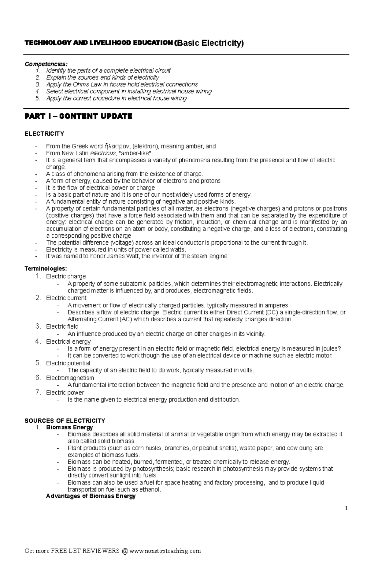 TLE Module - Summarized Outline on Basic Electricity Concepts - Studocu