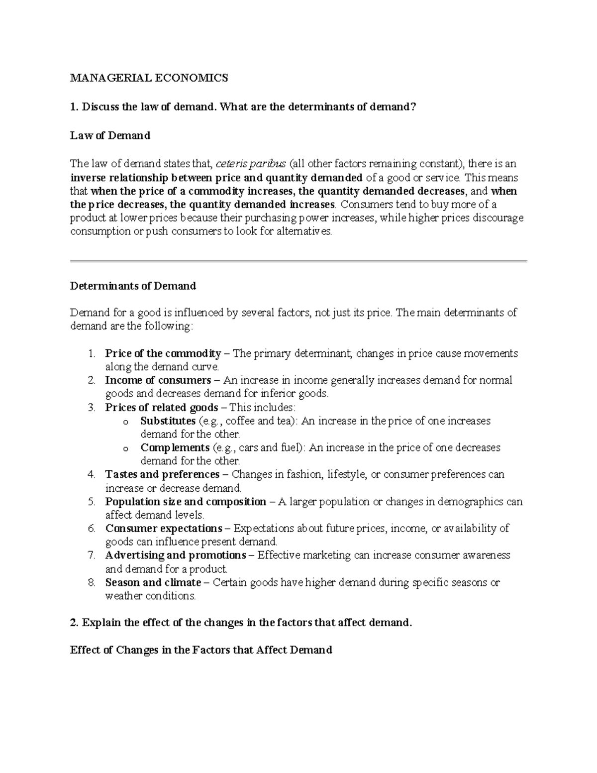 Managerial Economics: Law of Demand & Supply Analysis - Studocu
