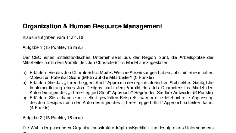 OHRM - Klausuraufgaben zur Personalmanagement-Organisation - Studocu