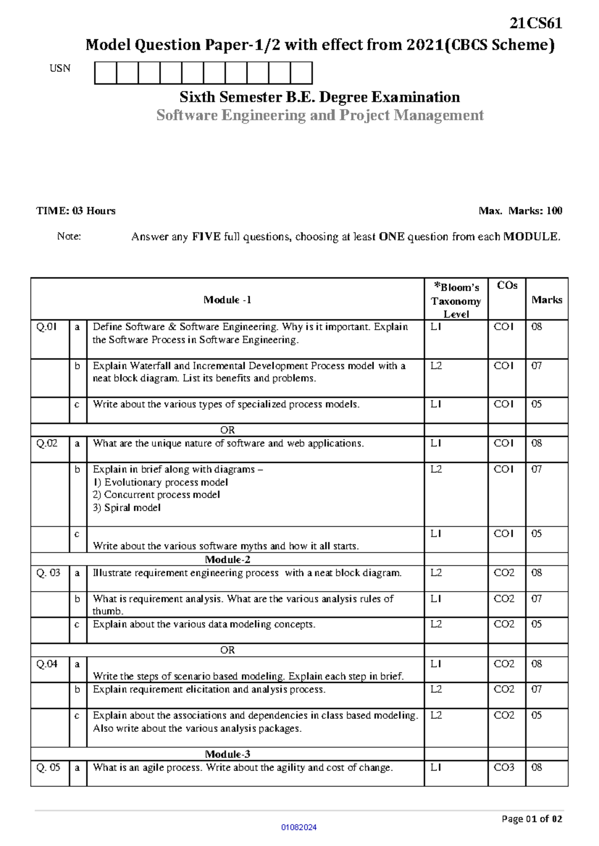 21CS61 Model Question Paper on Software Engineering & Project ...