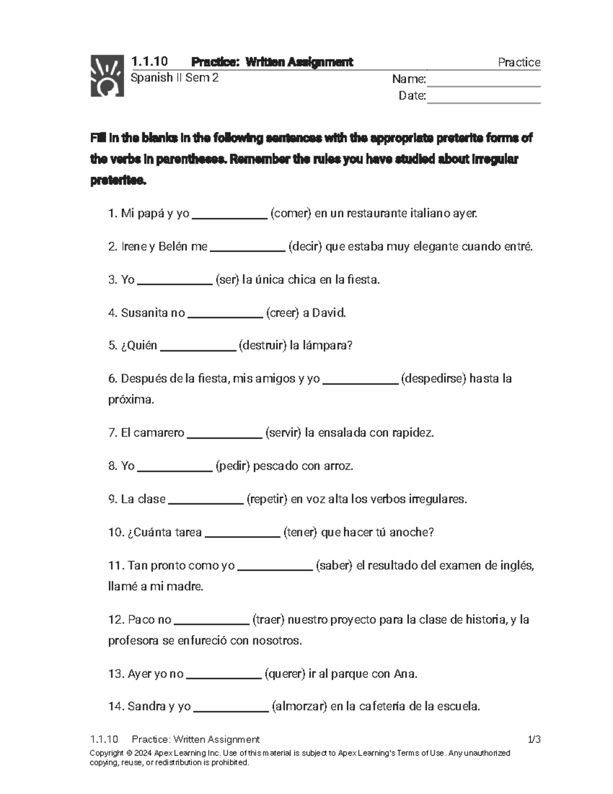 1.1.10 Spanish II Sem 2 Written Assignment Practice - Studocu