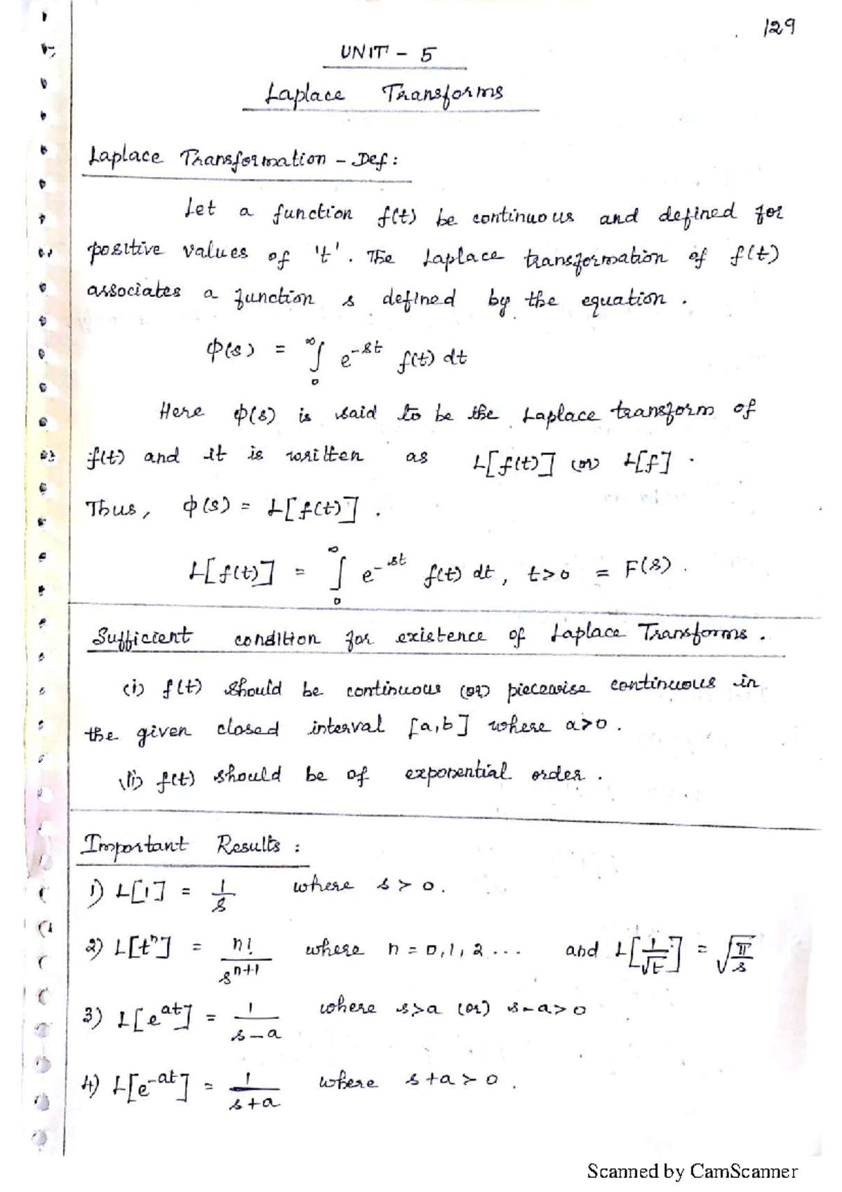 129 UNIT 5 Laplace Transforms: Key Concepts and Problems - Studocu