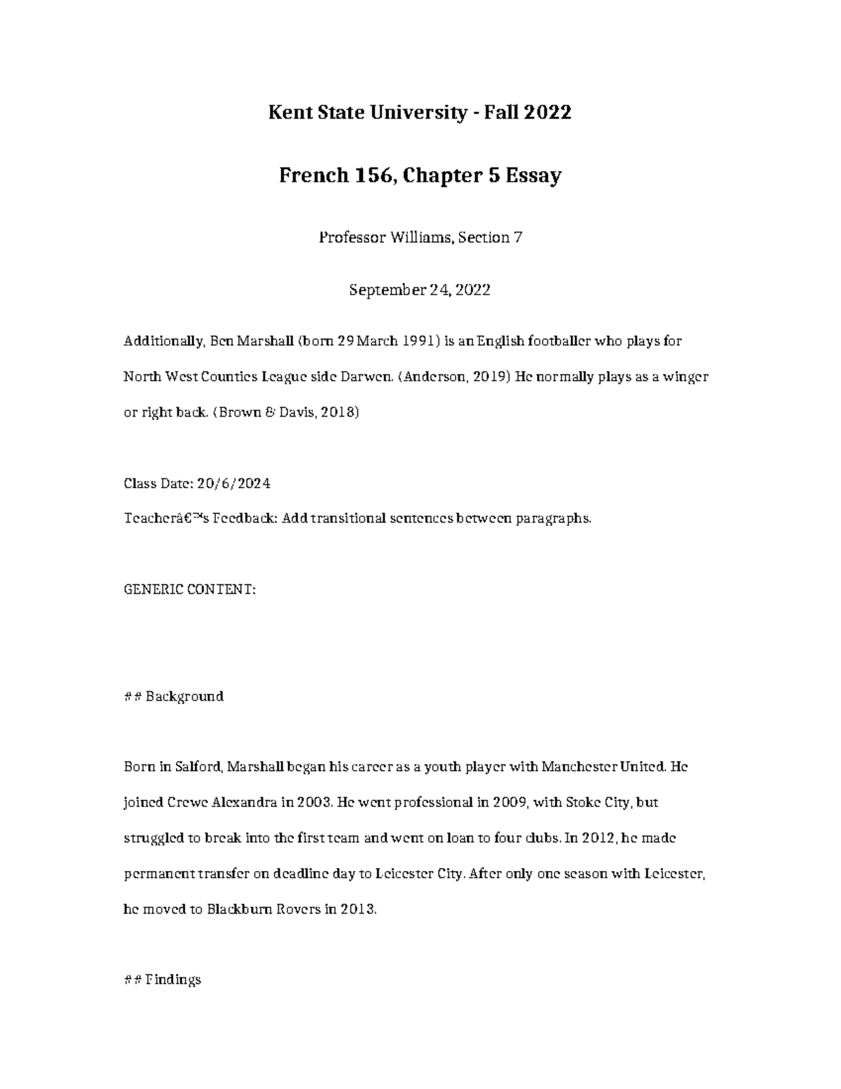 French 156 Chapter 5 Essay: Analysis of Ben Marshall's Football Career ...