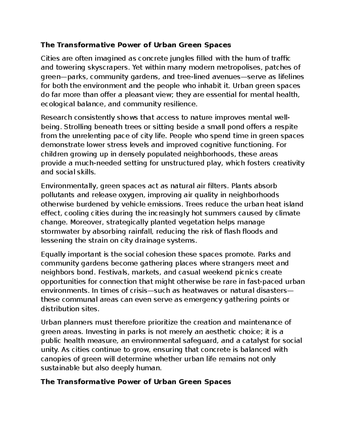 The Impact of Urban Green Spaces on City Life and Wellbeing - Studocu