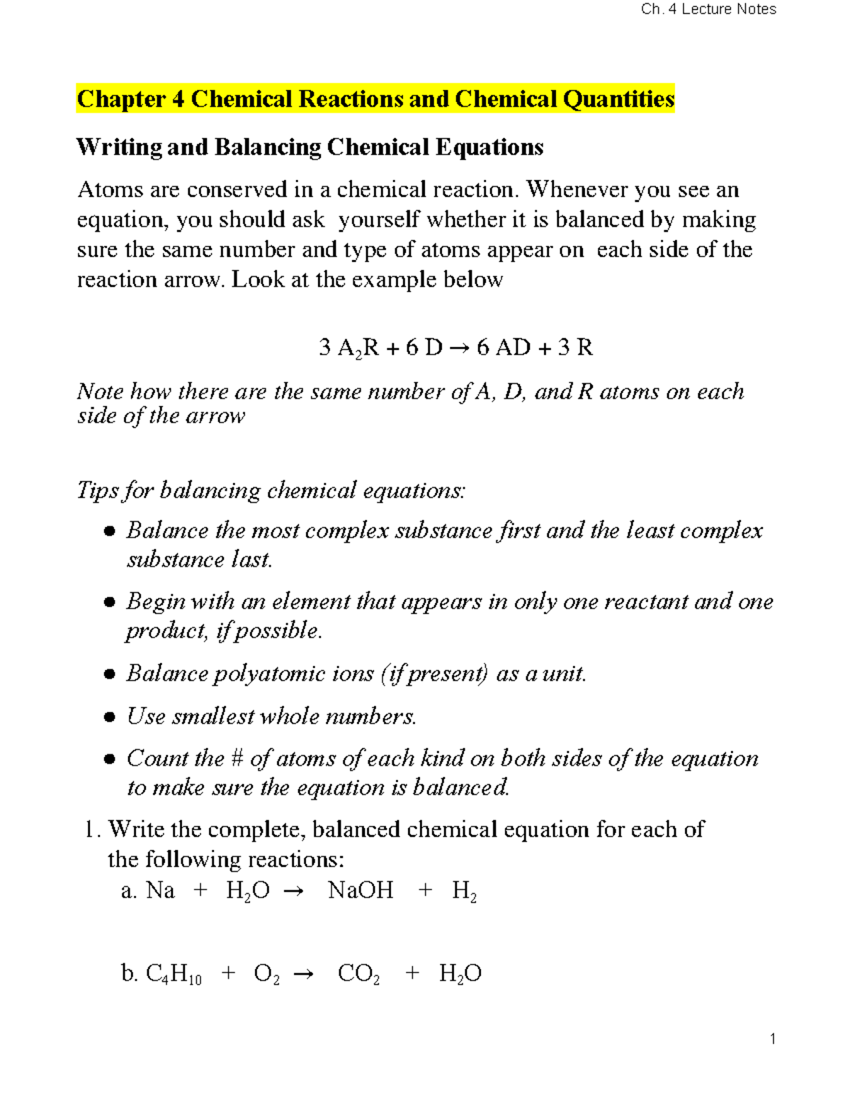 Spring 23: Chapter 4 - Chemical Reactions & Quantities Overview - Studocu