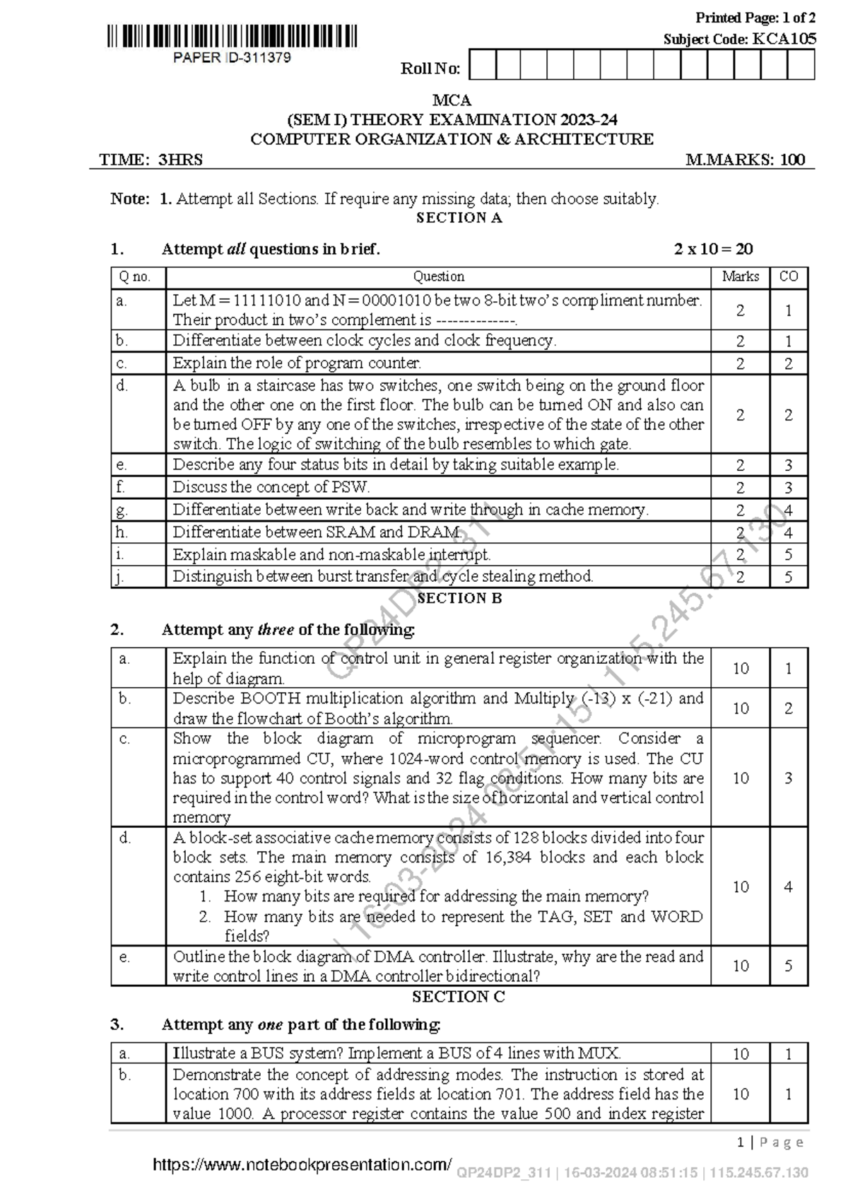 KCA MCA Sem I Theory Exam: Computer Organization & Architecture QP 2023 ...