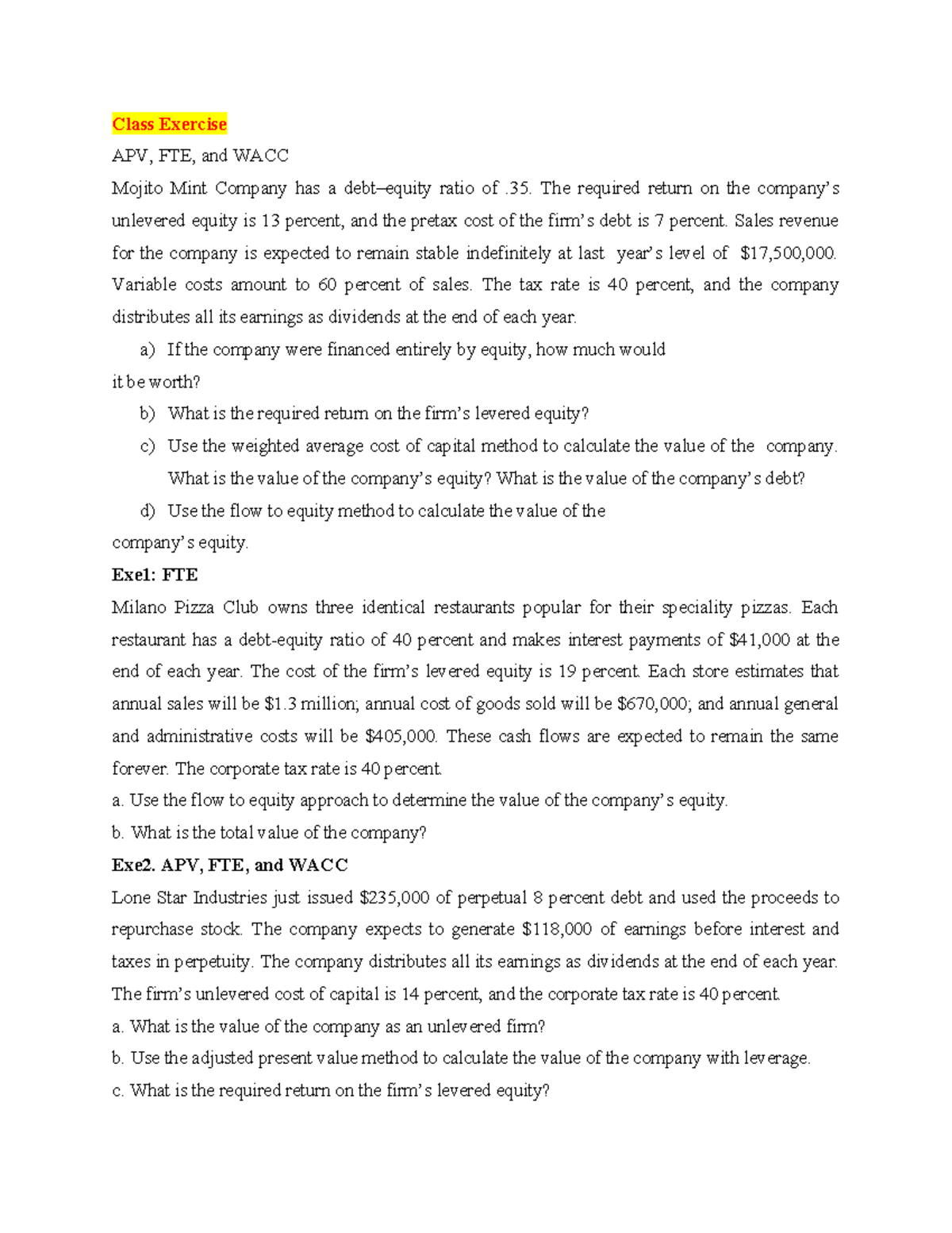 Topic 4: Capital Structure & Exercises (APV, FTE, WACC) - Studocu