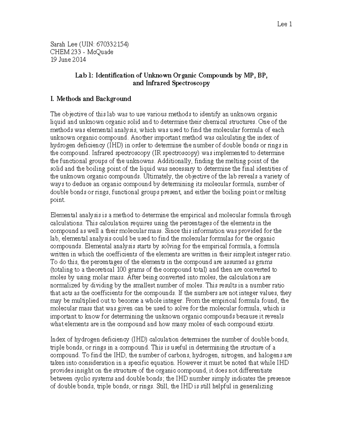 Lab 1 Report - Lecture notes l1r - Sarah Lee (UIN: 670332154) CHEM 233 ...
