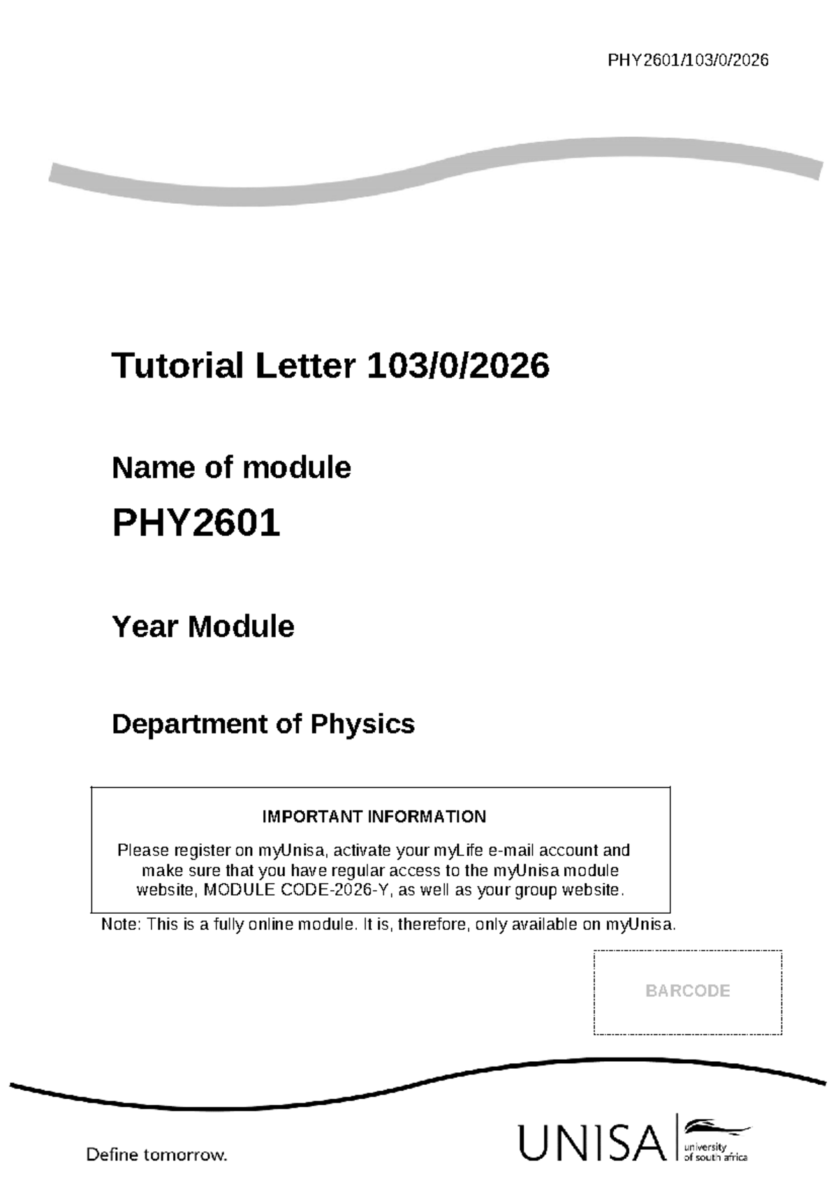 PHY2601 TL 103 2026 - Important Tutorial Information and Guidelines ...