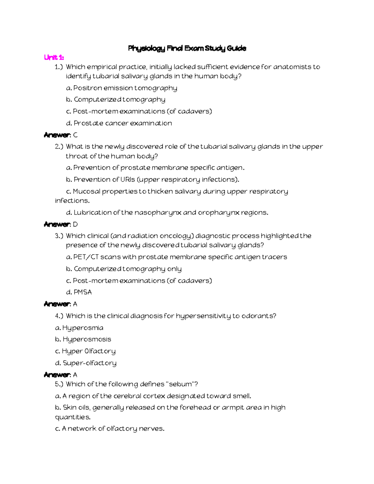 Physiology 101 Final Exam Study Guide with Practice Q&As - Studocu