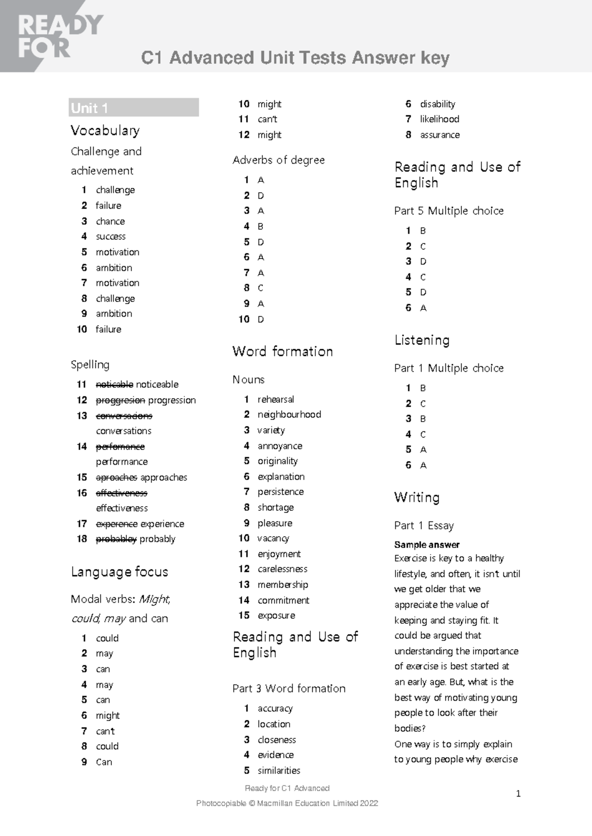Ready for C1 Advanced: Unit Tests Answer Key (Rfc1a-tg) - Studocu