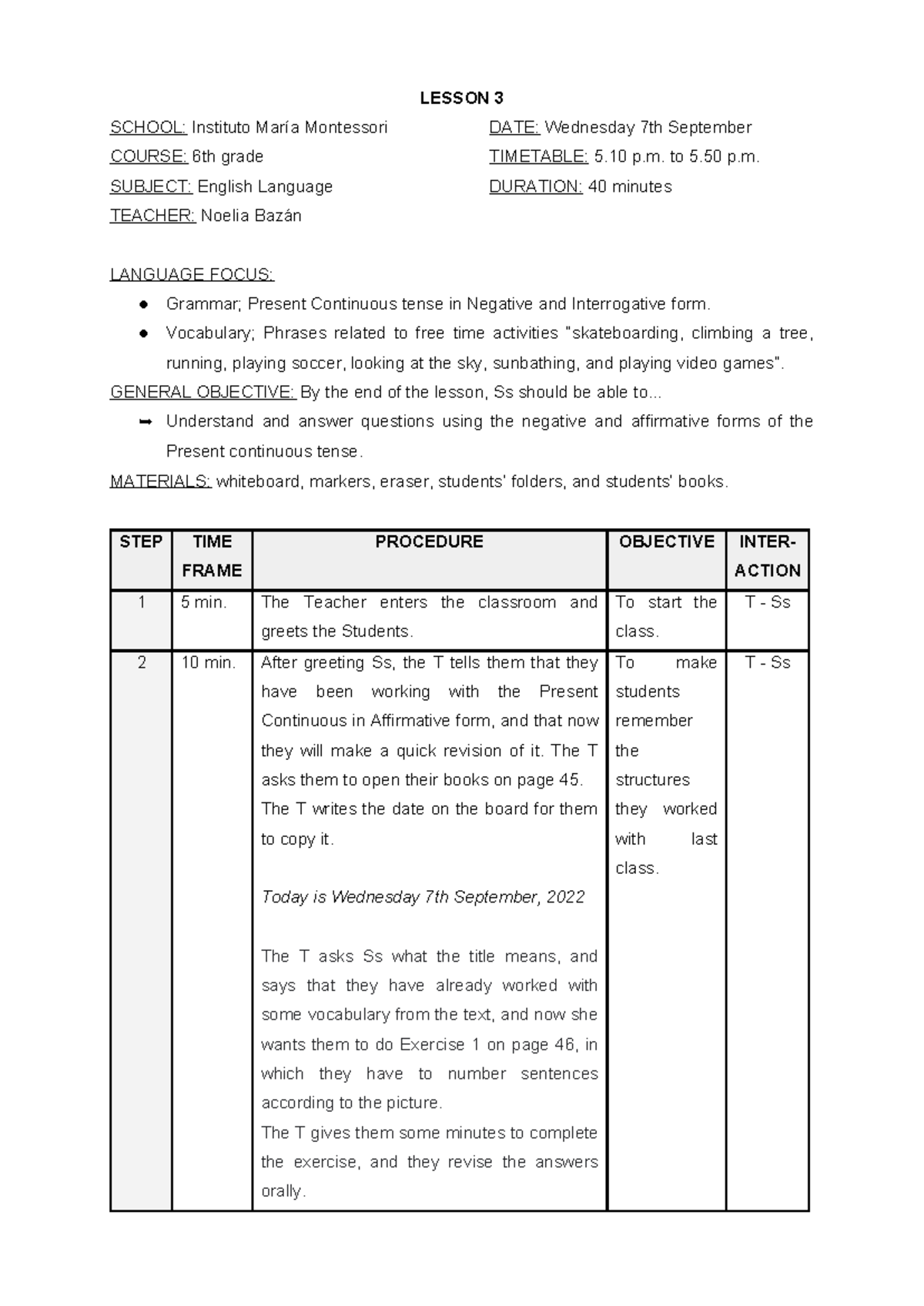 Lesson Plan: Present Continuous Tense - 6th Grade English - Studocu