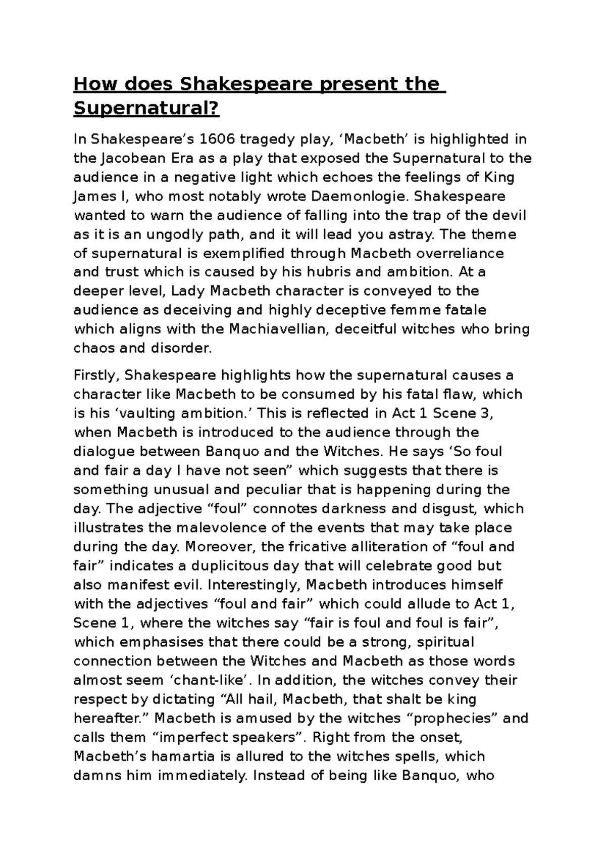 Shakespeare's Presentation of the Supernatural in Macbeth Analysis ...